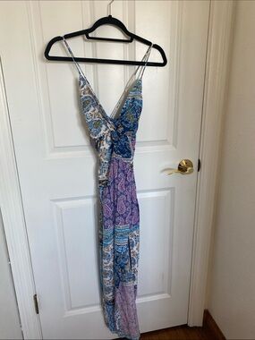Zara Linen-blend Boho Paisley Spaghetti Strap Slit Maxi Dress Size XS